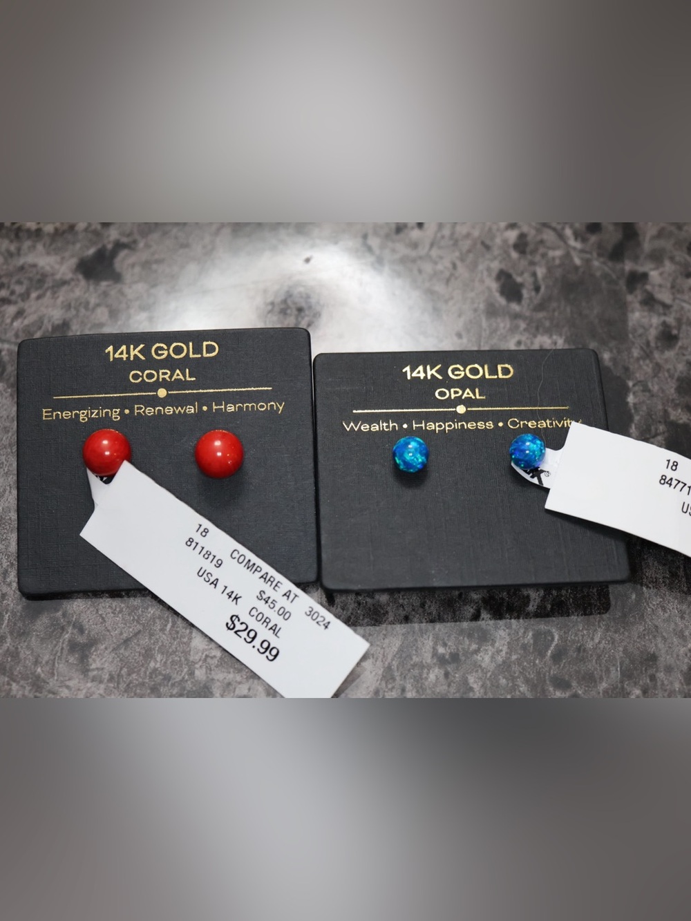 14K Gold Opal and Coral Stud Earrings - Blue Opal & Red Coral